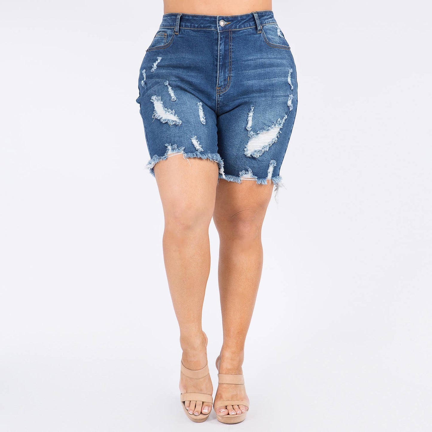 PLUS SIZE DISTRESSED DENIM SKINNY SHORTS LIGHT BLUE