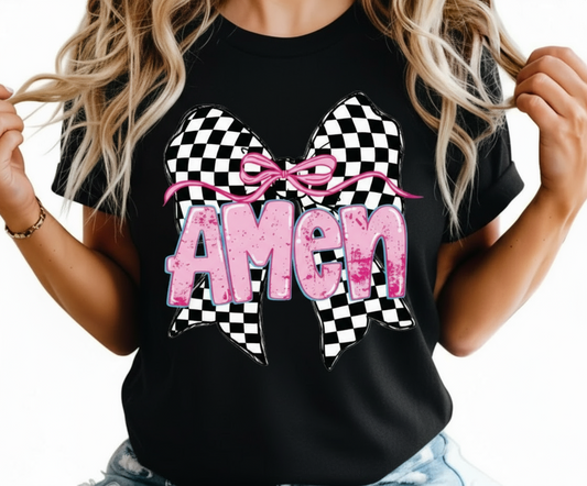 Amen Checkered Bow Graphic Tshirt