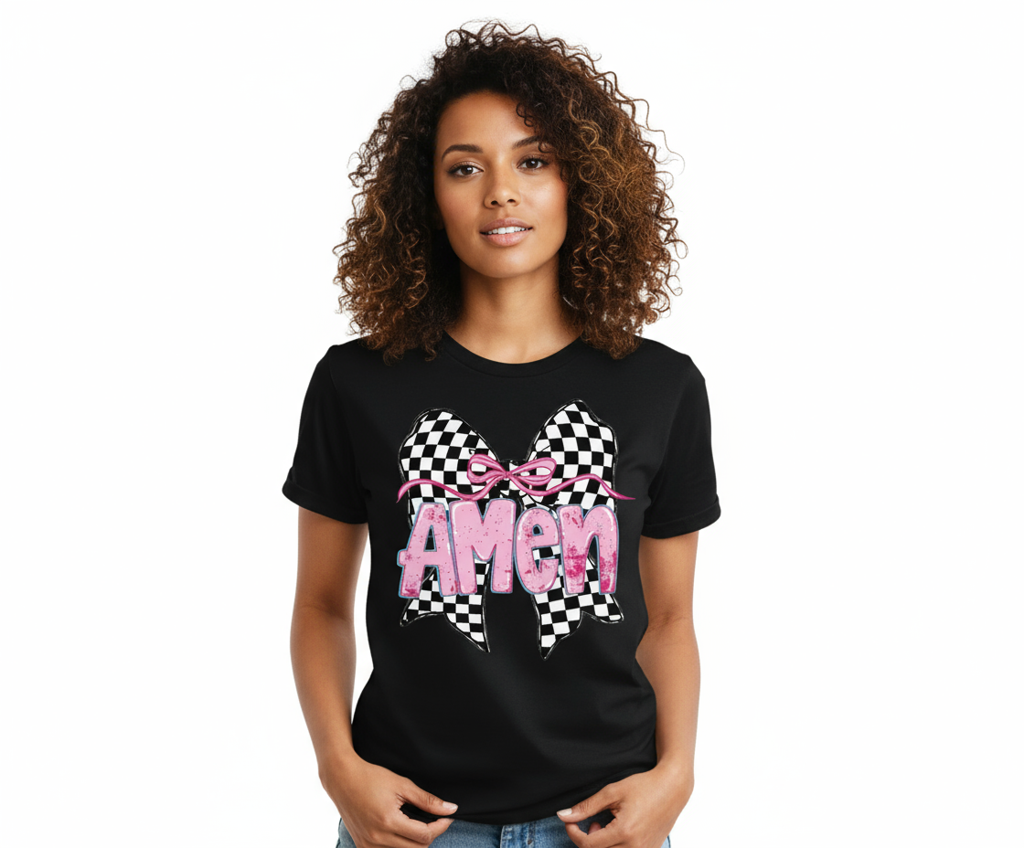 Amen Checkered Bow Graphic Tshirt