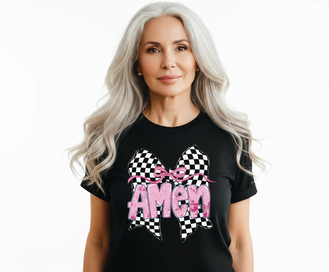 Amen Checkered Bow Graphic Tshirt