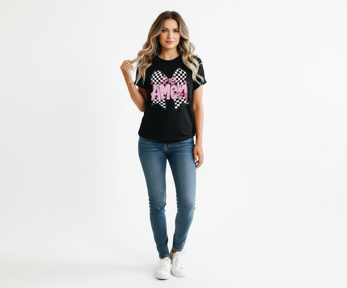 Amen Checkered Bow Graphic Tshirt