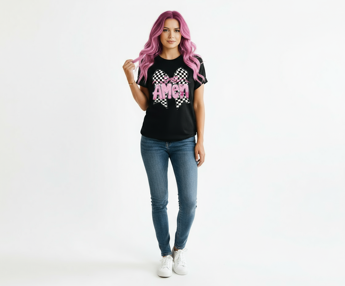 Amen Checkered Bow Graphic Tshirt
