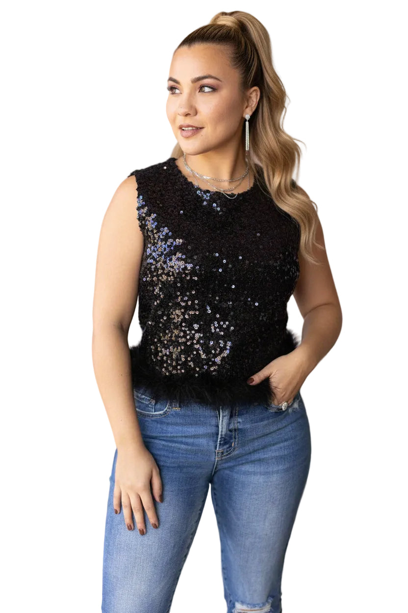Feather or Not Black Sequin Crop with Feather Trim