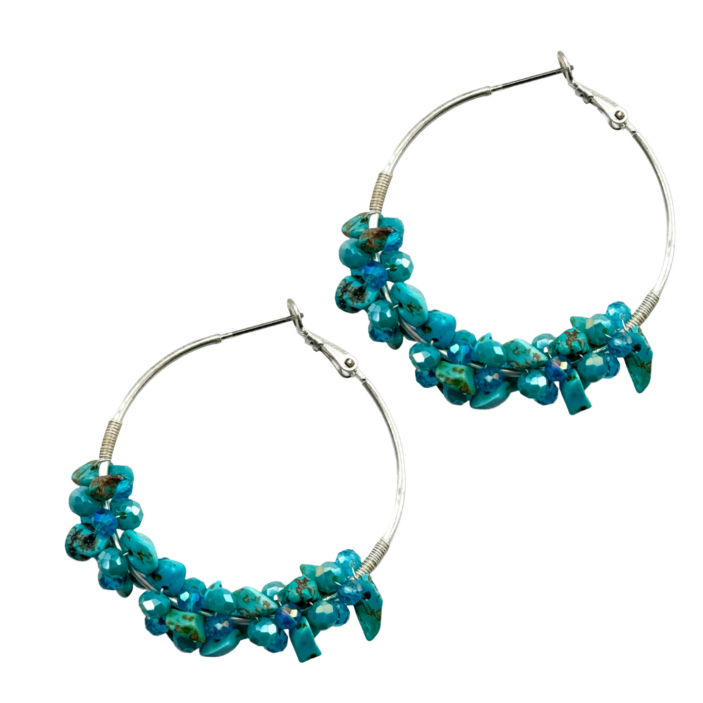 Turquoise Stone Chip Silver Tone Earrings