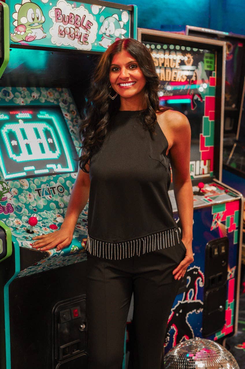 Simply Perfect Black Top with Rhinestone Fringe