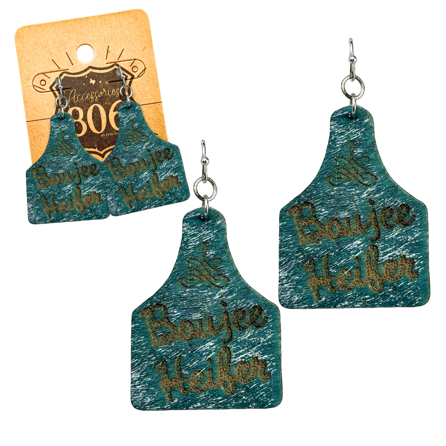Boujee Heifer Turquoise Ear Tag Earrings