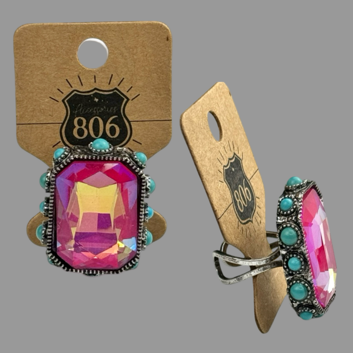 Rhinestone Octagon Turquoise Studded Ring