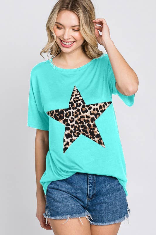 Anima leopard print star patch top in mint color