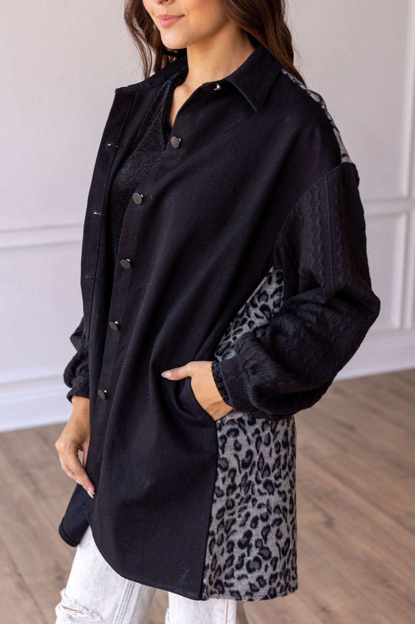 Women's Feline Flair Black Button-Up Jacket