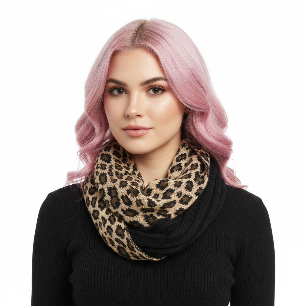Ribbed Knit Leopard Accent Infinity Scarf