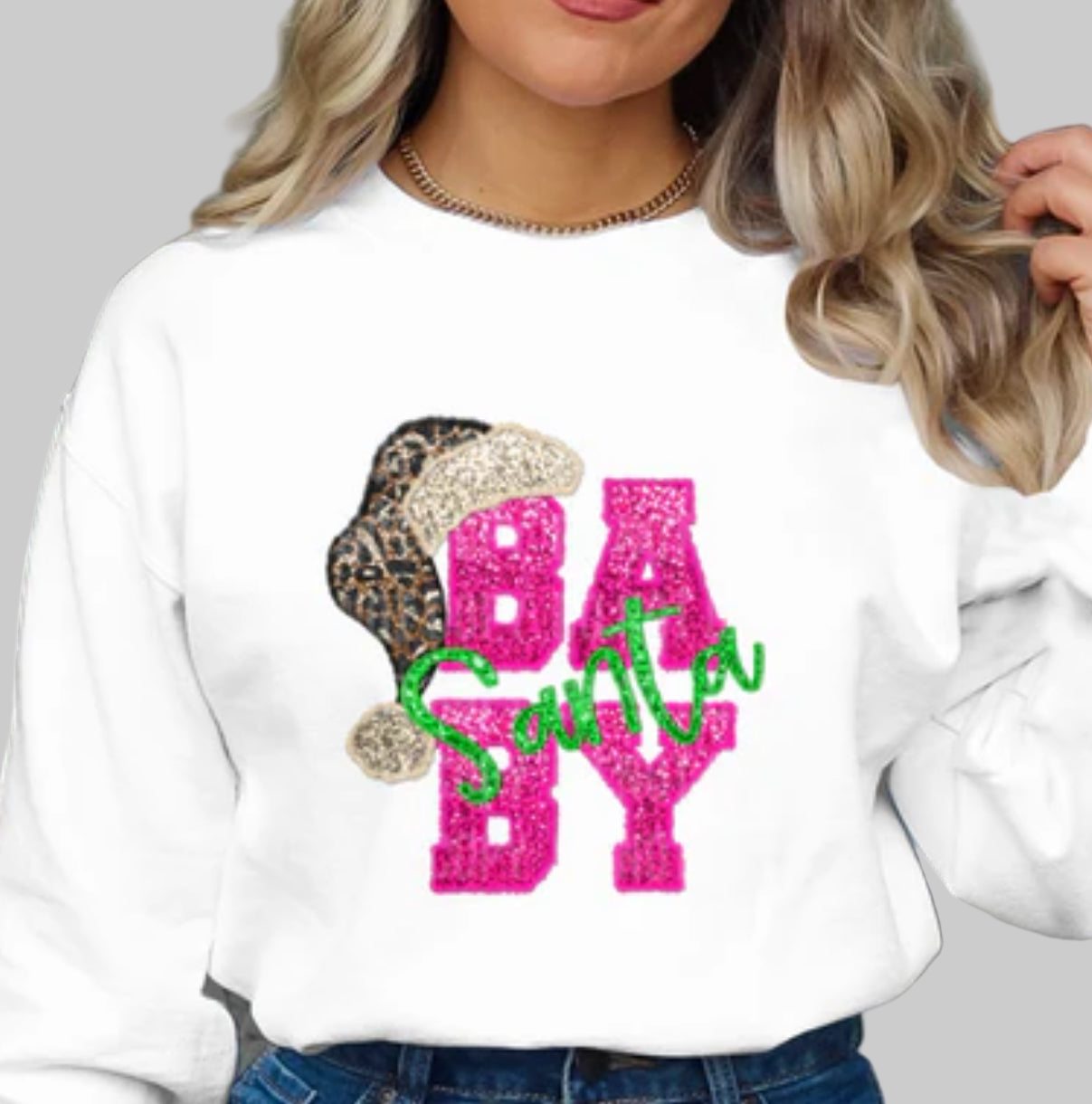 Leopard Pink Sequin Santa Baby Graphic Sweatshirt