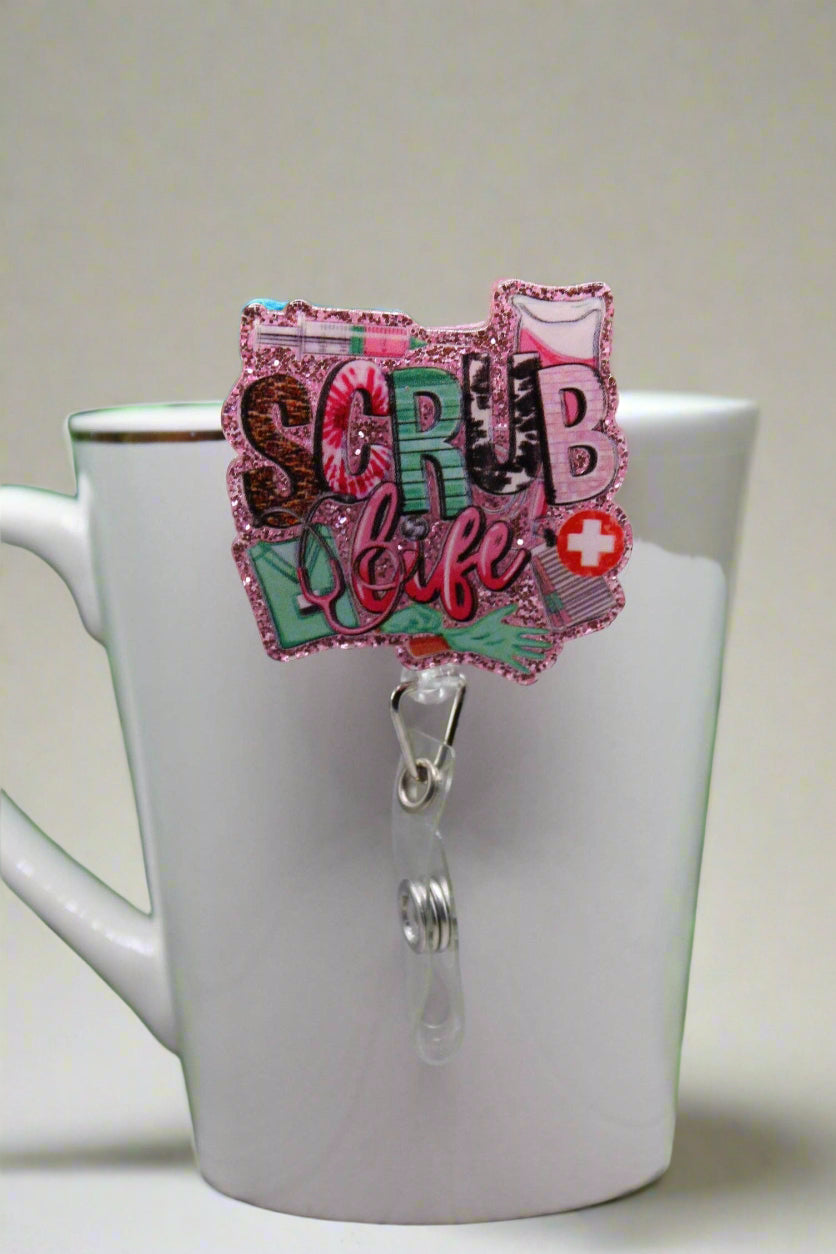 Scrub Life Pink • Badge/ID Holder with Clip