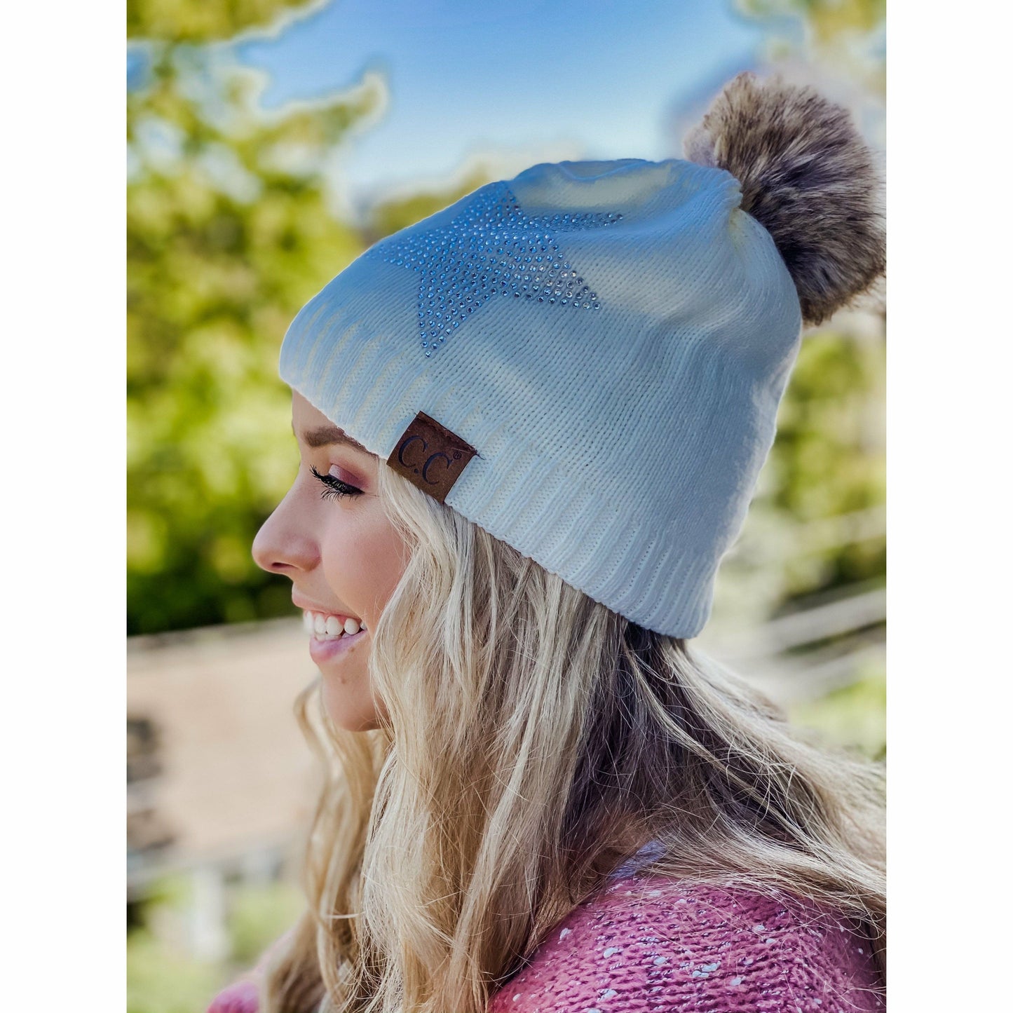 Rhinestone Gray Star Fur Pom Beanie Hat