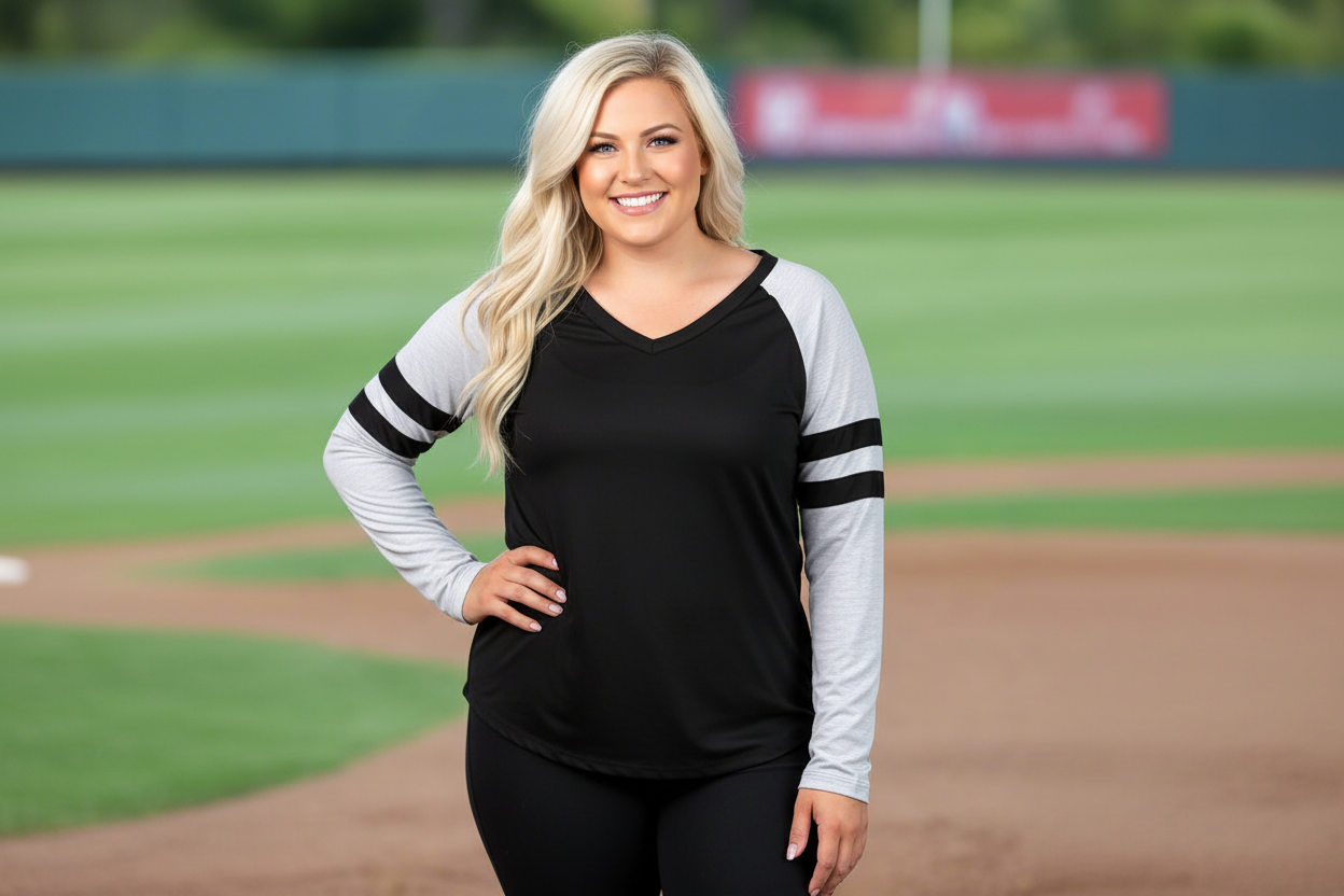 Black Long sleeve Tee with Grey Sleeves & Varsity Stripe