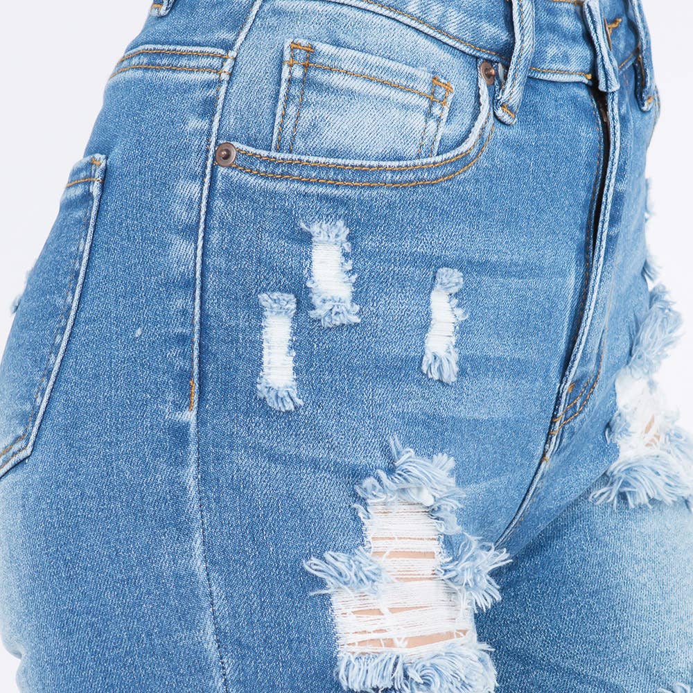 HIGH WAIST DISTRESSED DENIM SHORTS LIGHT BLUE