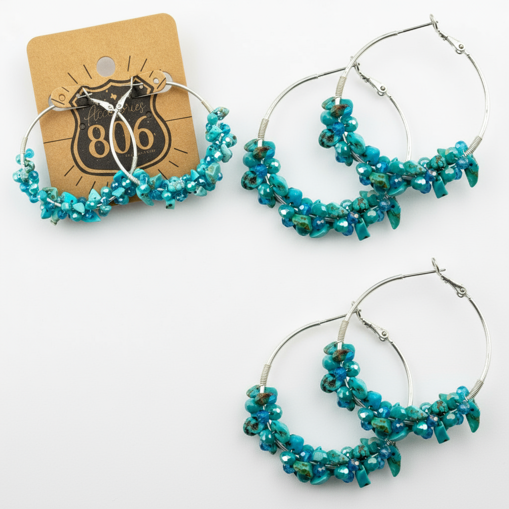 Turquoise Stone Chip Silver Tone Earrings