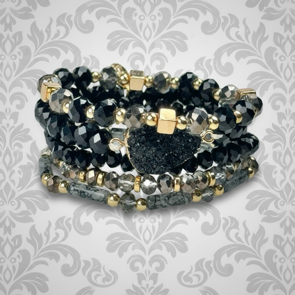 Black Druzy Stone Beaded Bracelet Stack