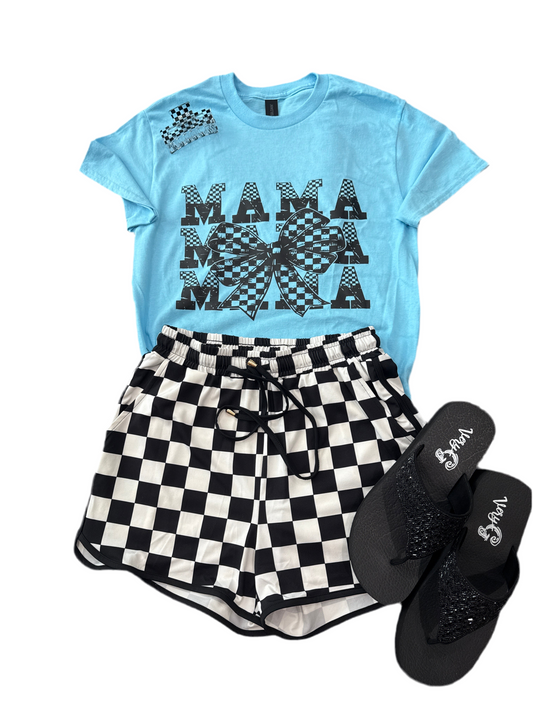 Mama Bow Checkered Blue Graphic Tee