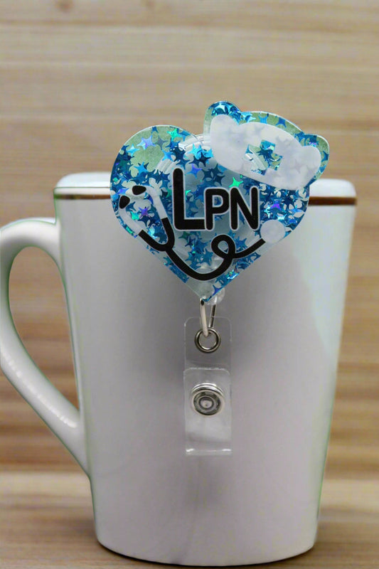LPN Blue Confetti Heart Badge/ID Holder with Alligator Clip