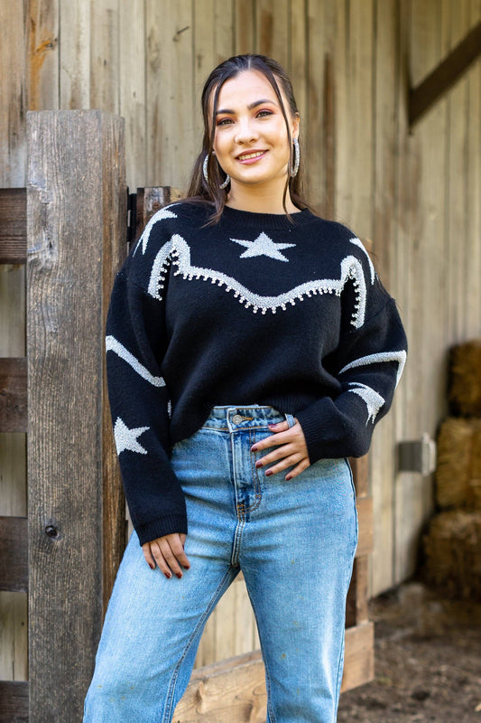 Rhinestone Star Black Pullover Sweater
