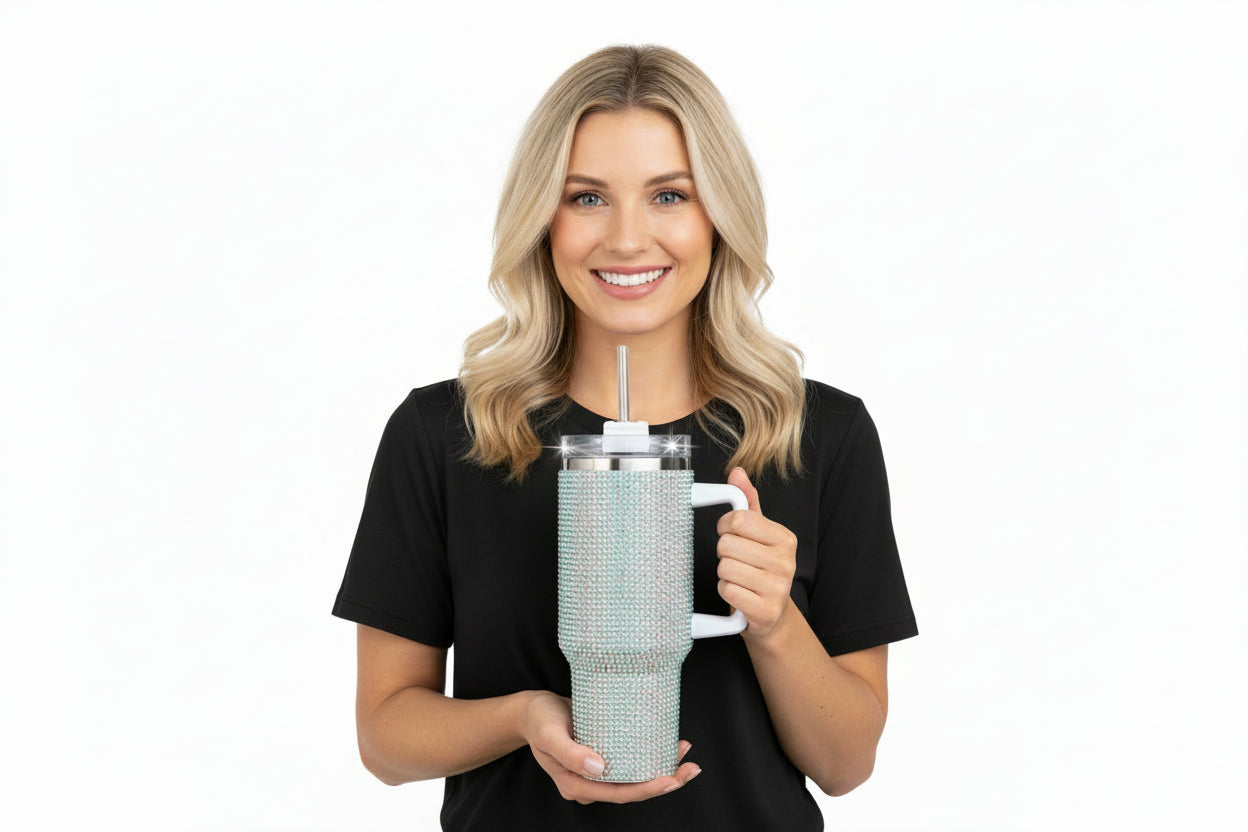 Silver blinged-out tumbler with a handle on a white background