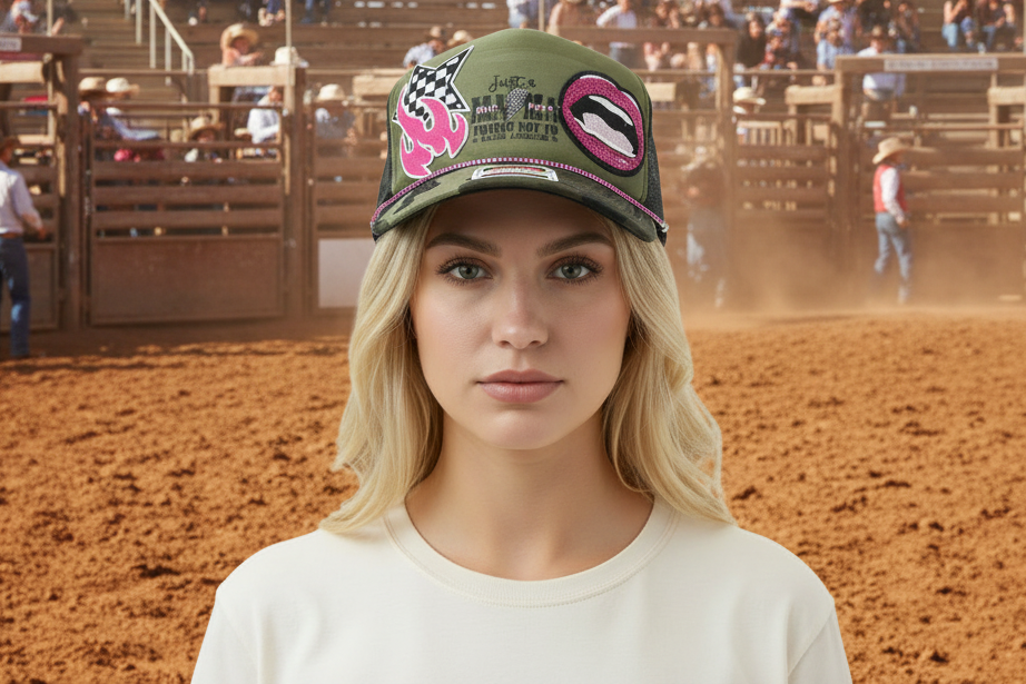 Just a Mom Camouflage Trucker Hat with Rhinestone Hat Chain