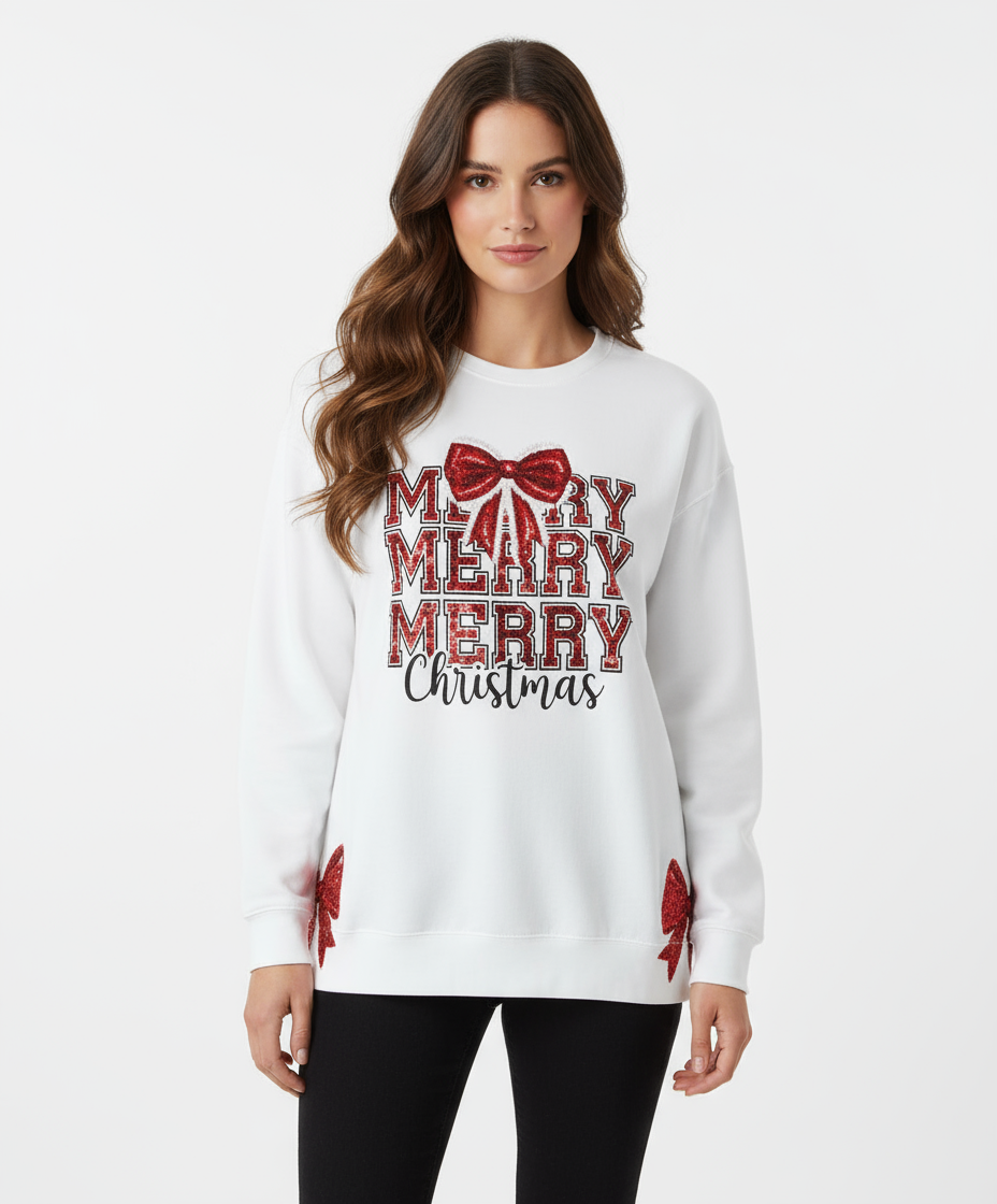 Merry Christmas Sequin Bow Graphic Sweatshirt