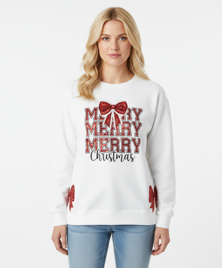 Merry Christmas Sequin Bow Graphic Sweatshirt