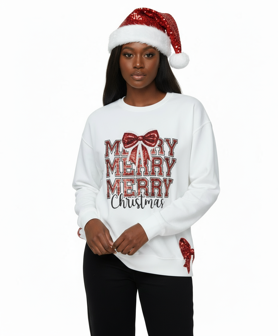 Merry Christmas Sequin Bow Graphic Sweatshirt