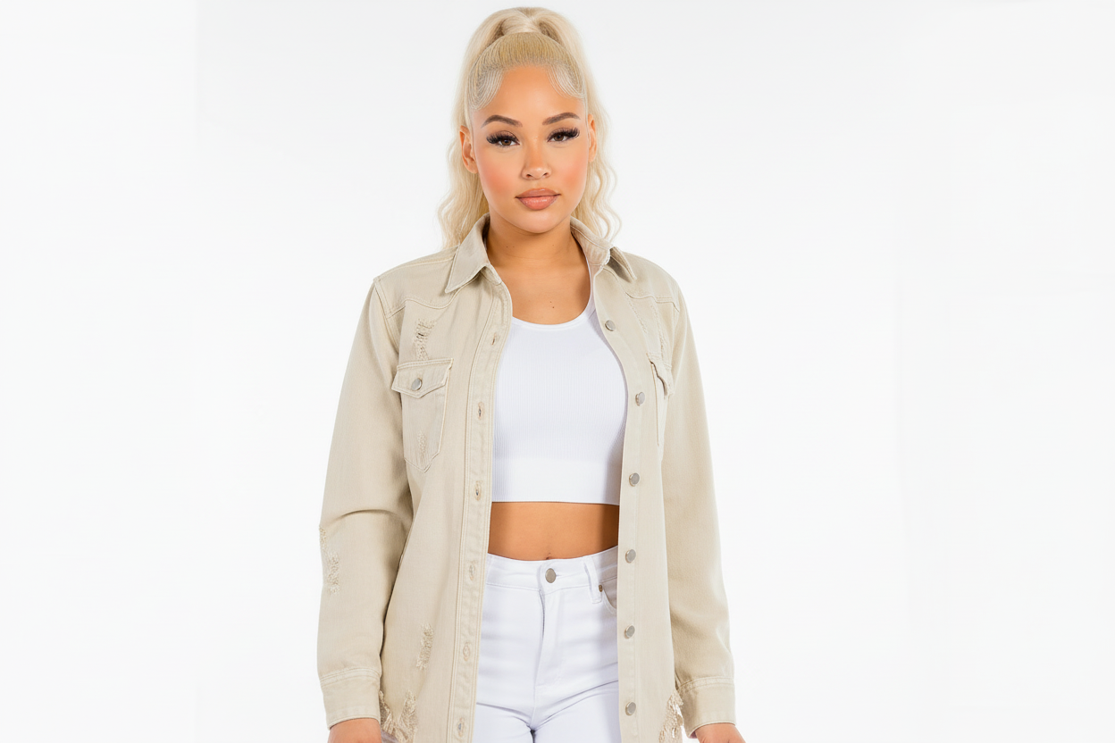 PLUS SIZE DISTRESSED IVORY DENIM SHACKET