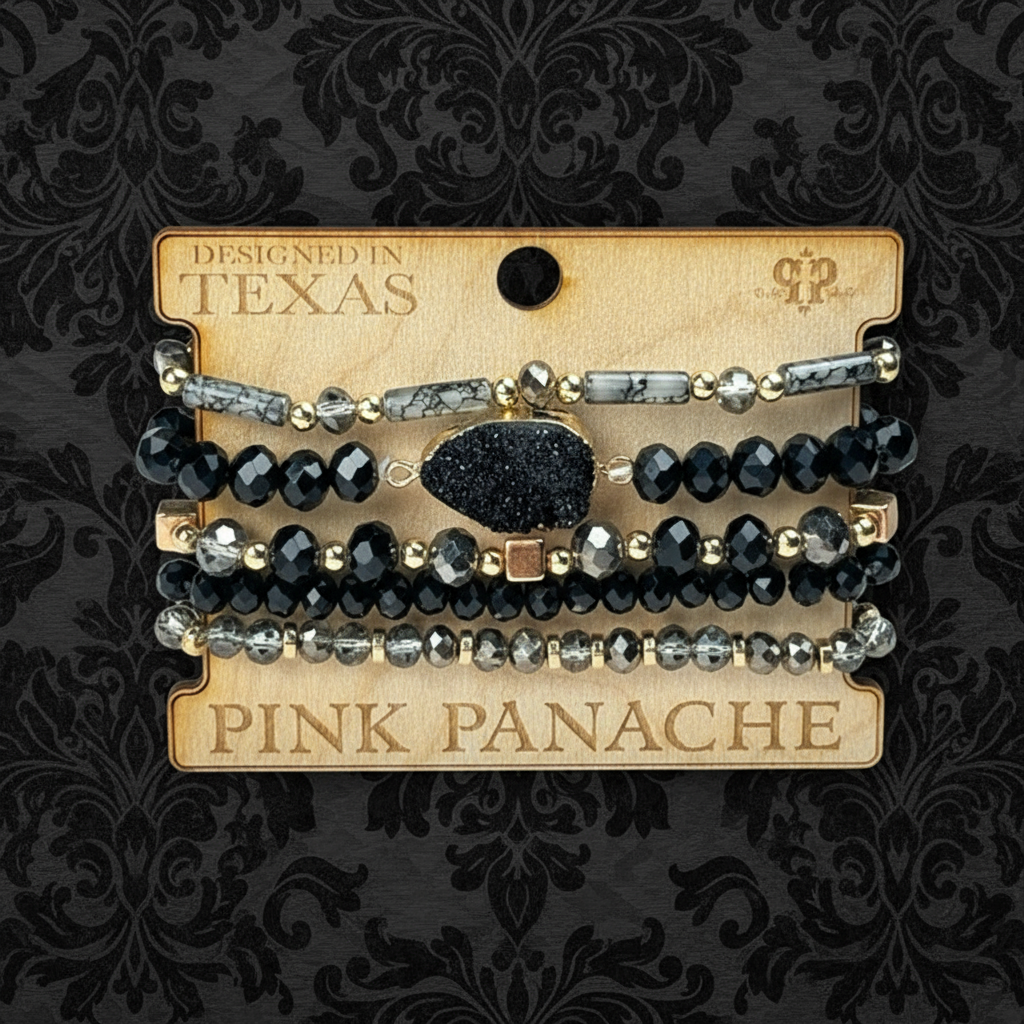 Black Druzy Stone Beaded Bracelet Stack