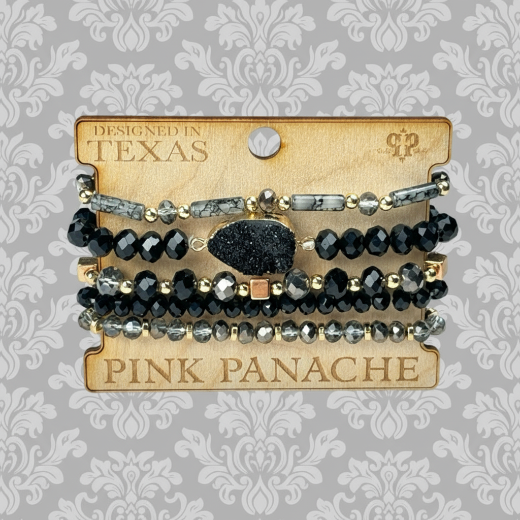 Black Druzy Stone Beaded Bracelet Stack