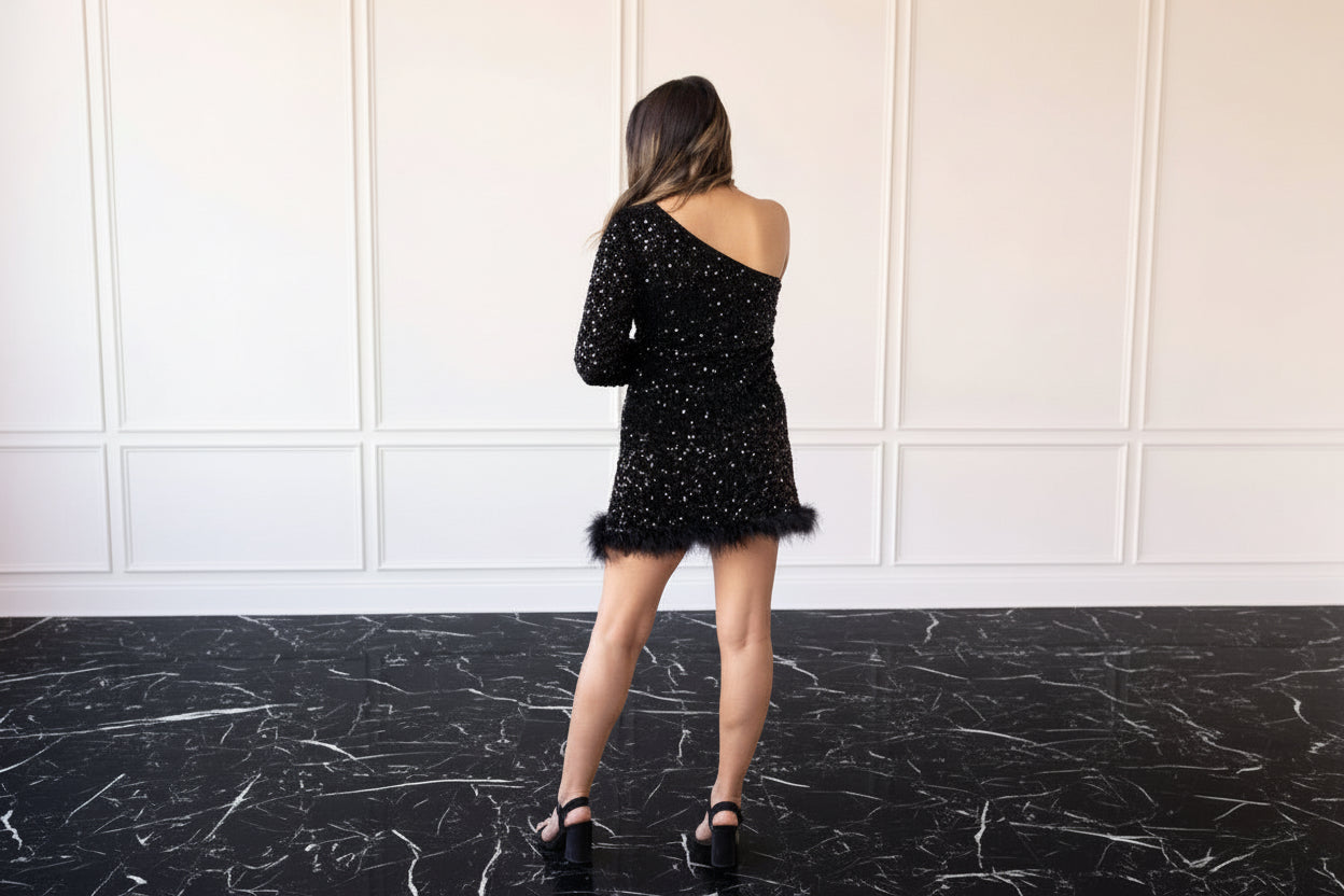 Feathered Opulence Sequin Dress in Black