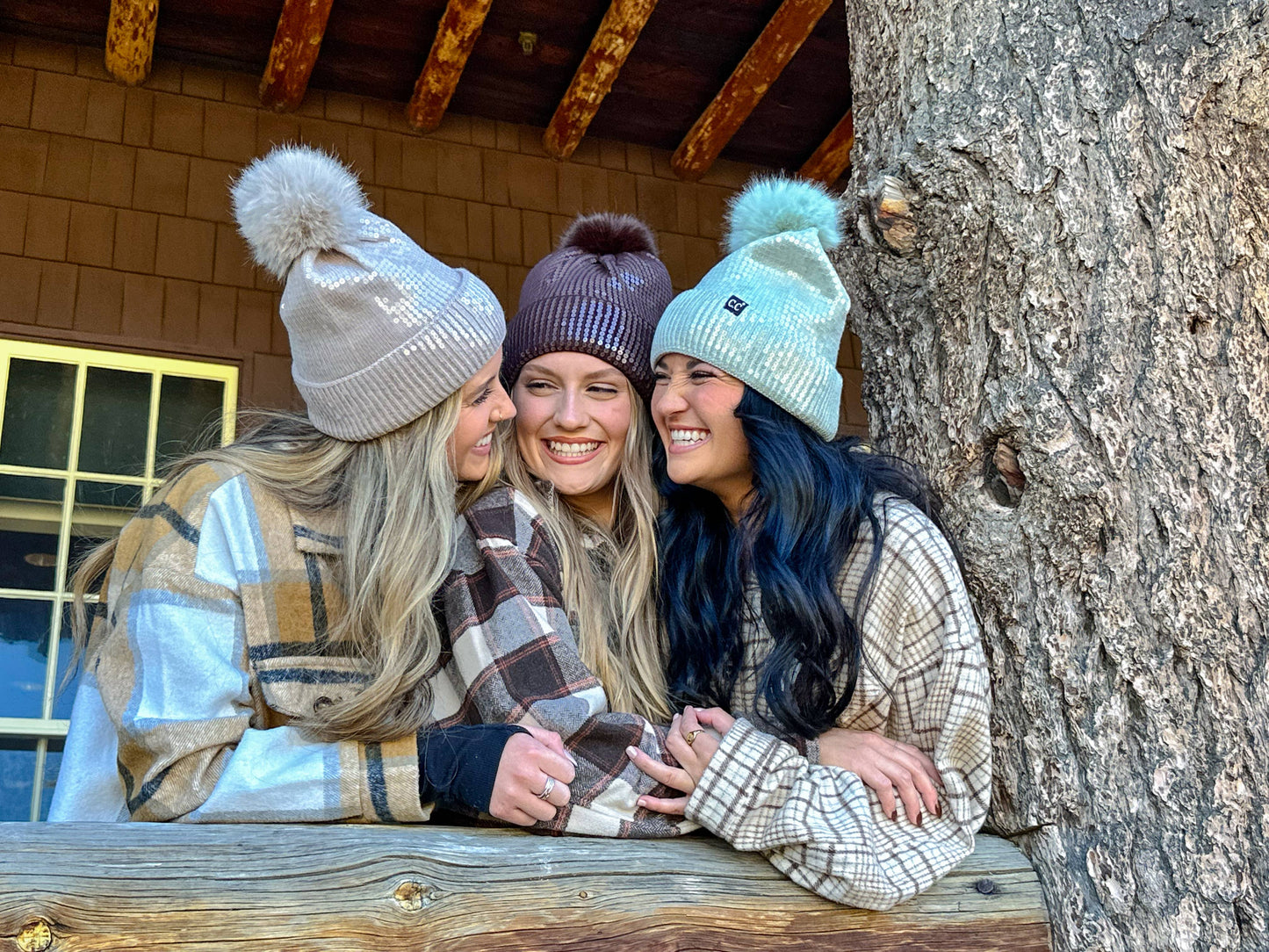 Allover Grey Clear Sequin Faux Fur Pom Beanie