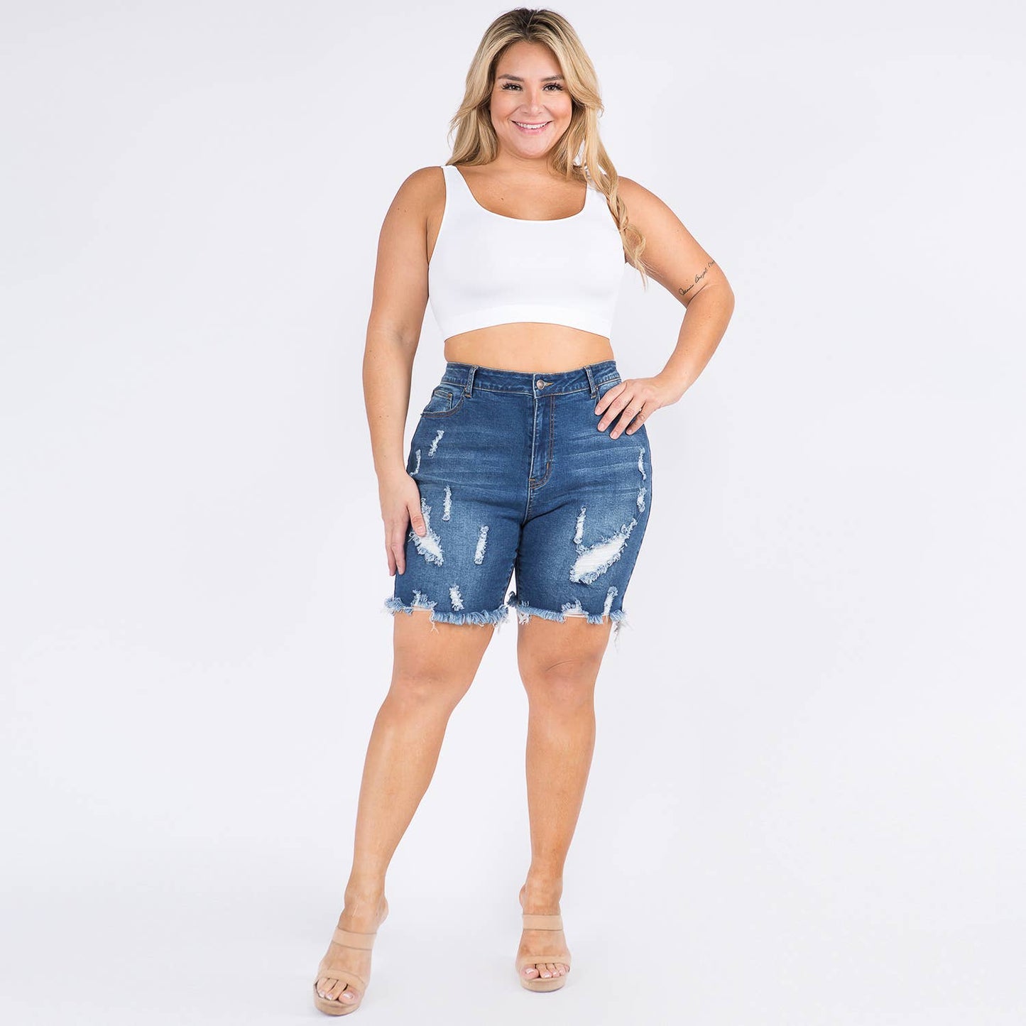 PLUS SIZE DISTRESSED DENIM SKINNY SHORTS LIGHT BLUE