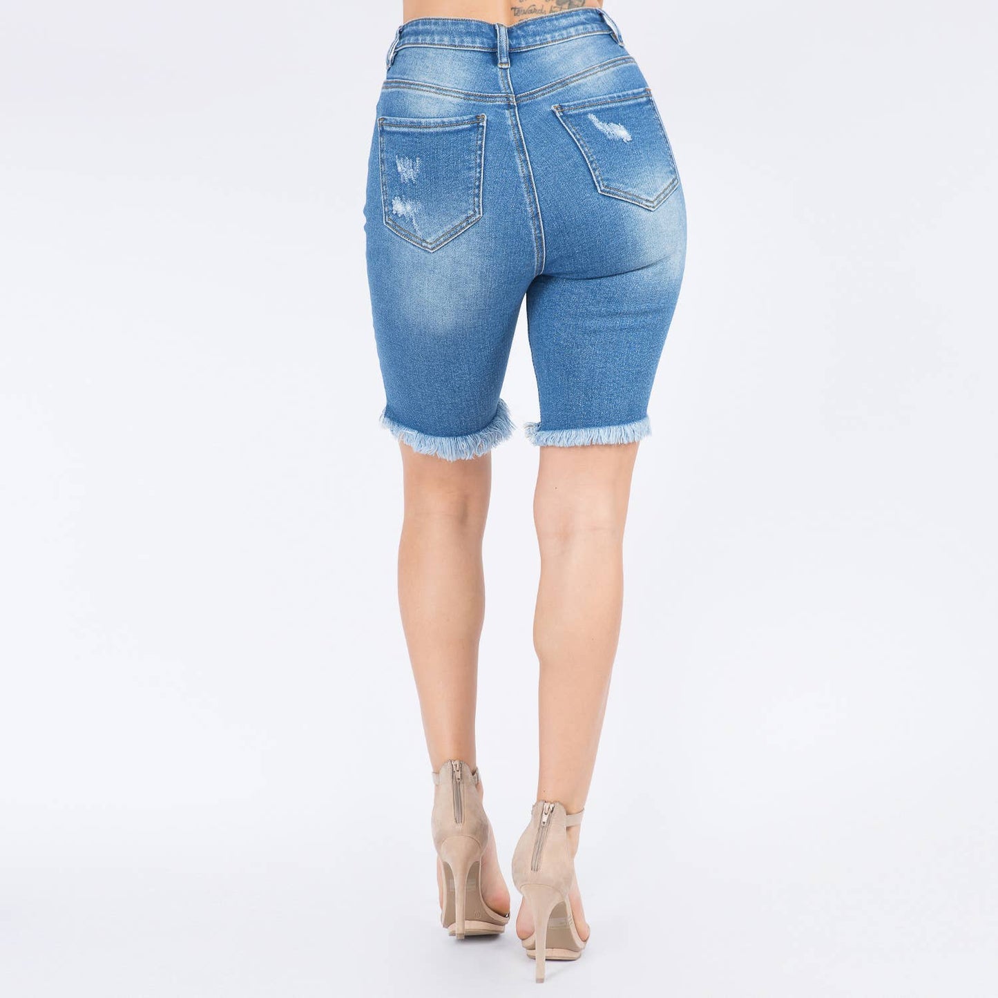 HIGH WAIST DISTRESSED DENIM SHORTS LIGHT BLUE
