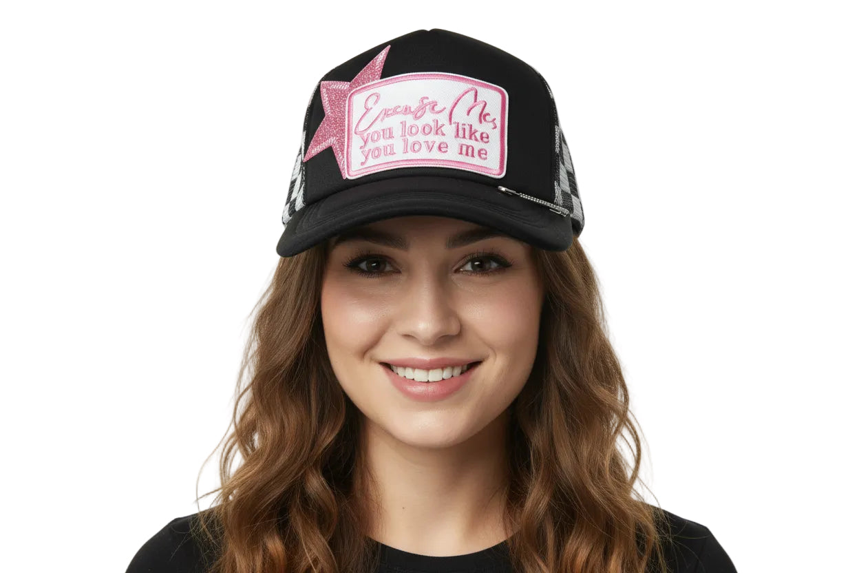 Checkered Pink Star You Look Like You Love Me Trucker Hat