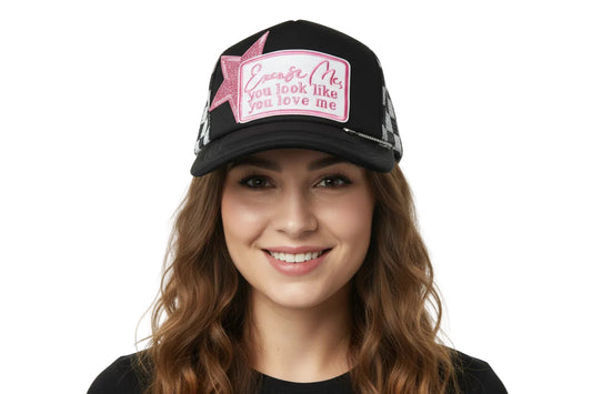 Checkered Pink Star You Look Like You Love Me Trucker Hat