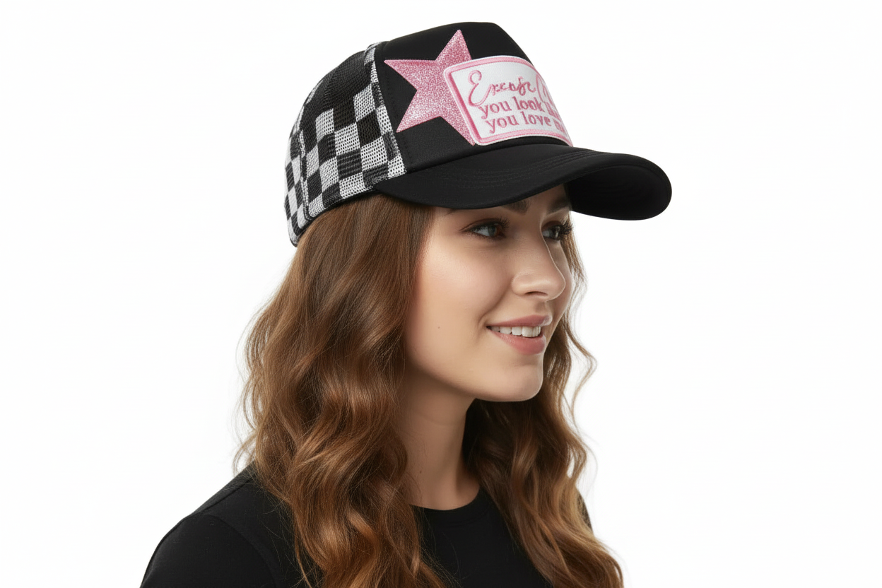 Checkered Pink Star You Look Like You Love Me Trucker Hat