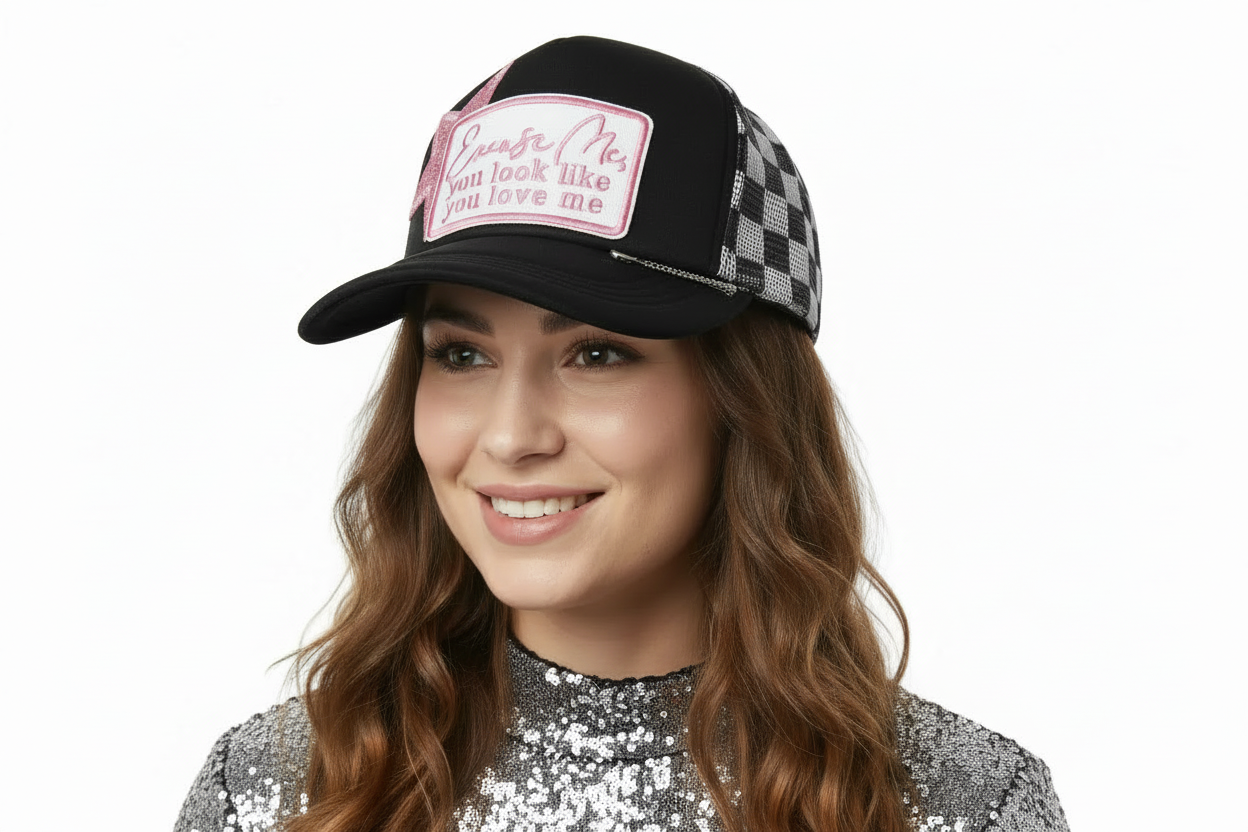 Checkered Pink Star You Look Like You Love Me Trucker Hat
