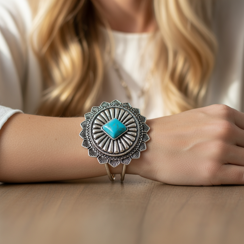 Carved Concho Silver Tone Cuff Bracelet