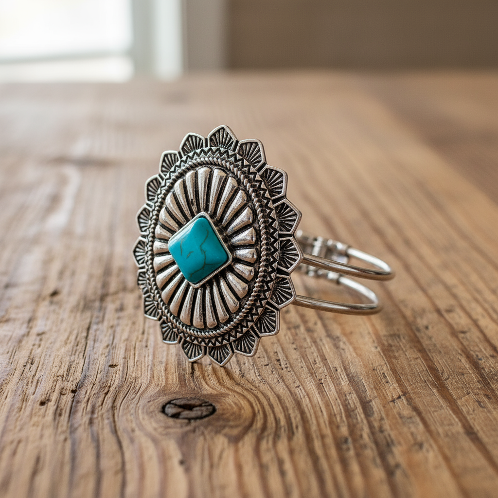 Carved Concho Silver Tone Cuff Bracelet