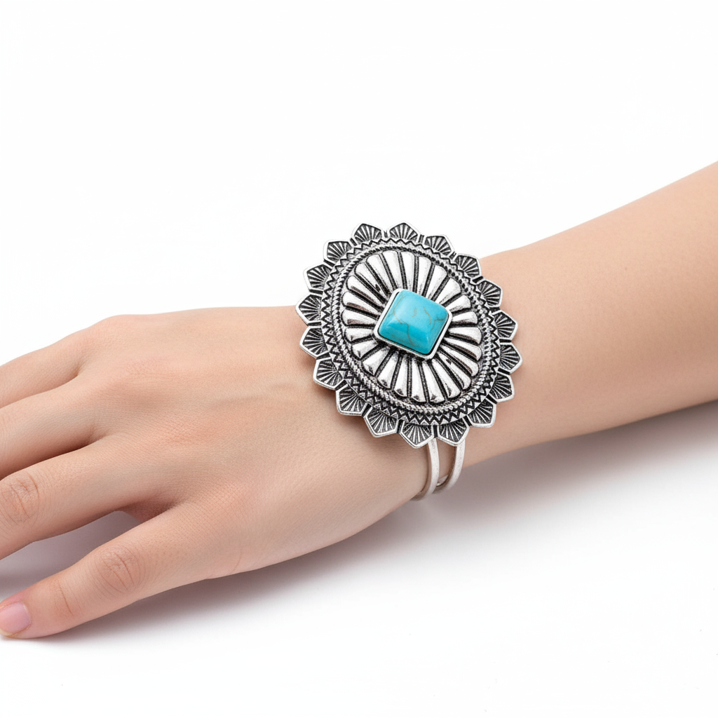 Carved Concho Silver Tone Cuff Bracelet