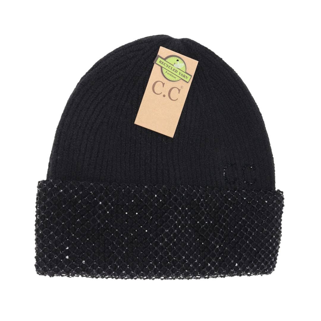 Rhinestone Black Net Cuff Beanie