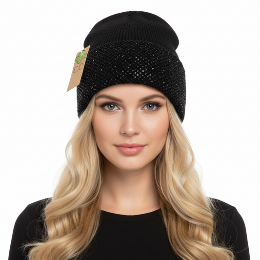 Rhinestone Black Net Cuff Beanie