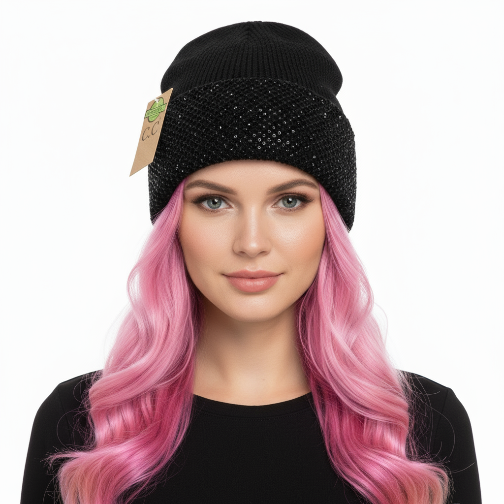Rhinestone Black Net Cuff Beanie