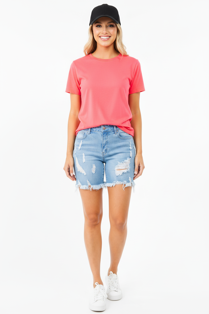 PLUS SIZE DISTRESSED DENIM SKINNY SHORTS LIGHT BLUE