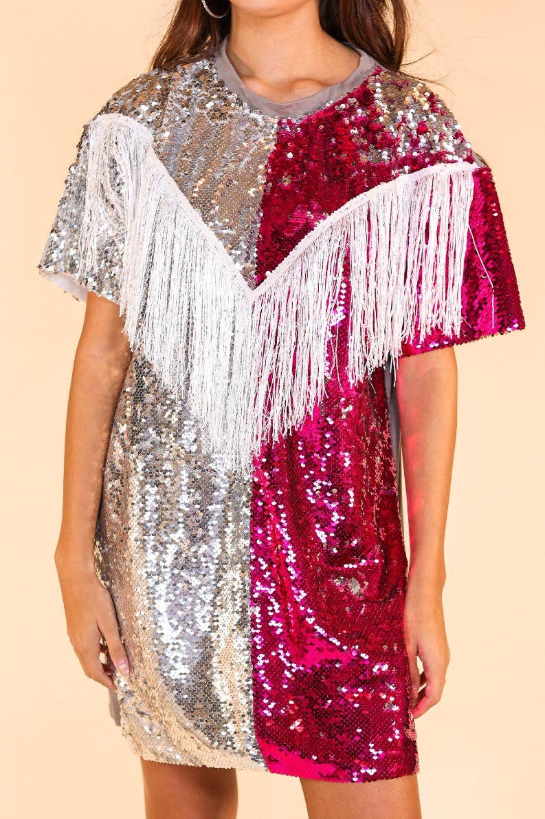 Putting On A Show Sequin Dress With Fringe: One Size