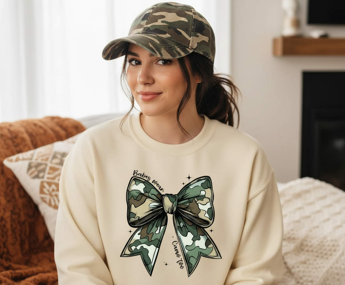 Babes Wear Camo Too Bow Graphic Sweatshirt