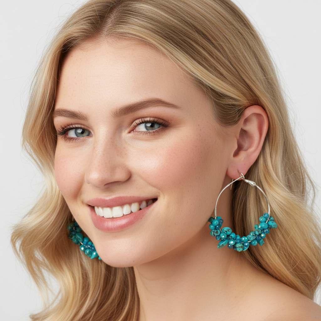 Turquoise Stone Chip Silver Tone Earrings